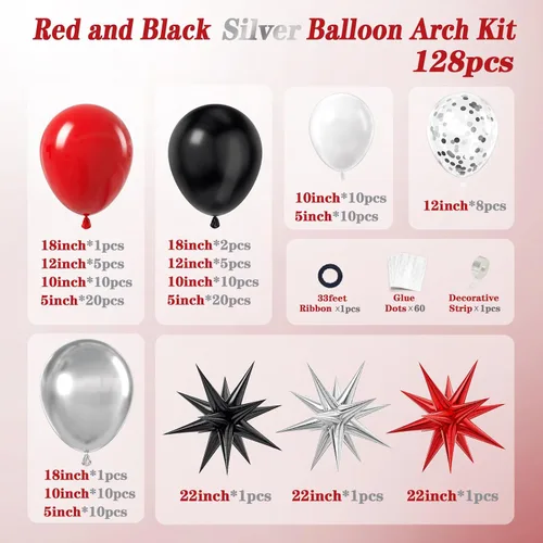 Miniatura 2 de Kit de arco de guirnalda de globos rojo, blanco y negro, decoraciones de fiesta rojas y negras con globos plateados blancos y confeti de látex