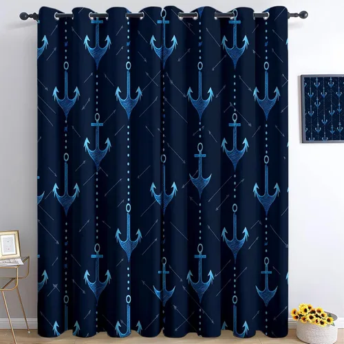 Cortinas opacas minimalistas con diseño de ancla para niñas y niños, decoración del hogar, cortinas con aislamiento térmico con ojales azules,
