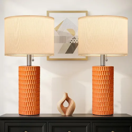 Miniatura 8 de Reaketon Juego de 2 lámparas de mesa modernas de cerámica de 20.5" para dormitorio, lámparas de mesita para repisas nocturnas con pantalla beige