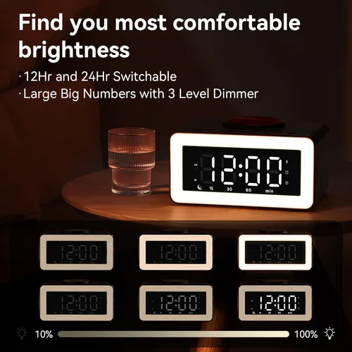 Miniatura 5 de Reloj despertador de madera con altavoz Bluetooth con carga inalámbrica, atenuador de brillo ajustable 0-100%, 2 alarmas, repetición de 9 minutos