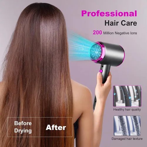 Miniatura 2 de Secador de pelo profesional, secador de pelo iónico de alta velocidad con boquilla, temperatura constante, secador de pelo compacto y ligero