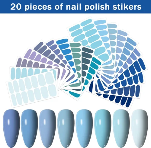 Miniatura 2 de 20 hojas de 280 piezas de tiras de esmalte de uñas azules para mujeres y niñas, calcomanías de uñas completas, calcomanías de esmalte de uñas