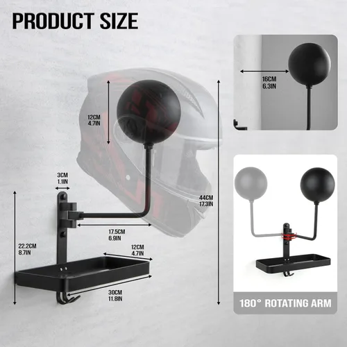Miniatura 4 de PUERSI Soporte para Casco de Pared con Estante, Soporte de Rotación de 180° para Almacenamiento de Casco para Motocicleta, Bicicleta, Ropa Deportiva