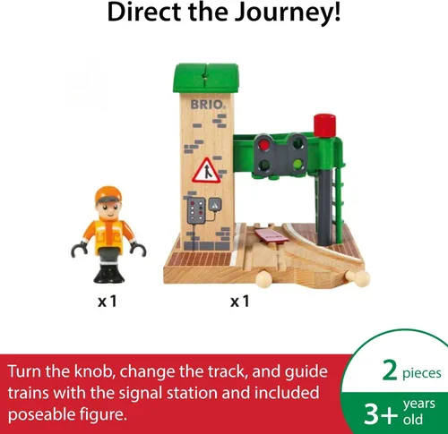 Miniatura 3 de BRIO World Signal Station - Juego de 2 piezas de pista de tren de madera con luz roja interactiva y figura - Certificado FSC - Compatible con todos