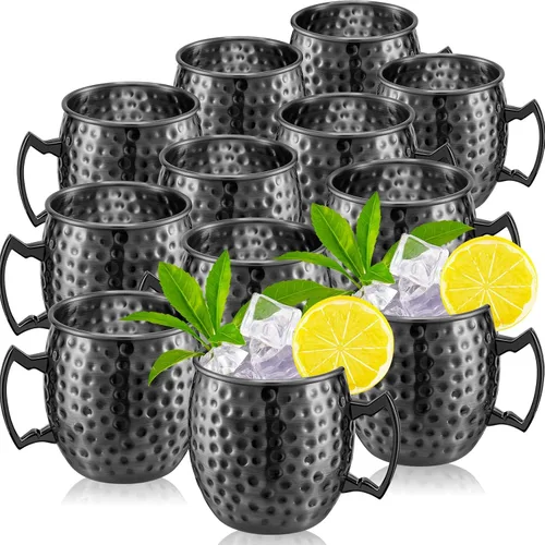 Tessco Juego de 12 Tazas Moscow Mule de 16 oz, Juego de Tazas de Cobre, Tazas de Acero Inoxidable Plateadas en Cobre 304 Martilleadas para Bebidas