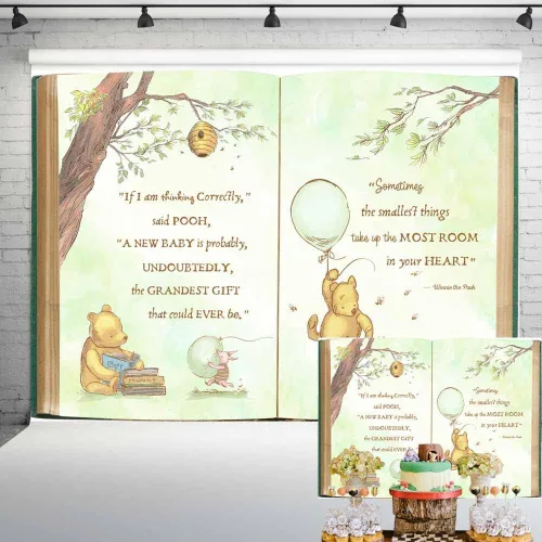Miniatura 5 de Fondo vintage Pooh Bear Baby Shower Género Neutral Retro Libro Gigante Árbol Primavera Fondo Clásico Recién Nacido Cita Globo Verde Banner 5x3 ft 144