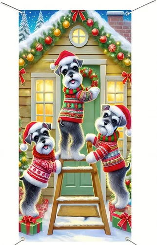 Cartel de porche con decoración de cachorro de Navidad, trío festivo, Schnauzers en suéteres navideños, perfecto para interiores y exteriores,