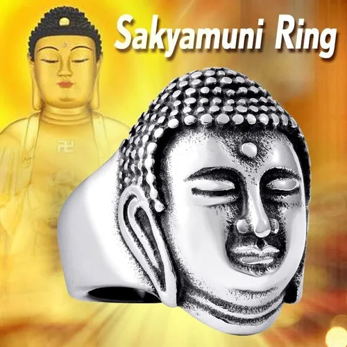 Miniatura 2 de HUYHOAT - Anillo protector de buda de acero inoxidable 316L de la India budismo Sanskr Ganesha protector de Buda SU0JE (dorado-8)