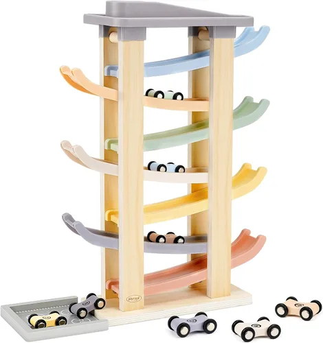 Miniatura 8 de Joyreal Montessori - Juguetes para niños de 1 a 2 años – 4 niveles de madera de juguete de carreras de coches con 4 mini autos y garajes – Regalos