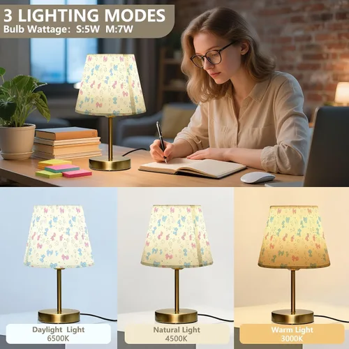 Miniatura 3 de Pastel Pink Blue Table Lamp for Bedroom, 3-Color Dimmable Light Desk lamp with Fabric Shade, Antique Bronze Base, Bedside Lamp for Nightstand, Office