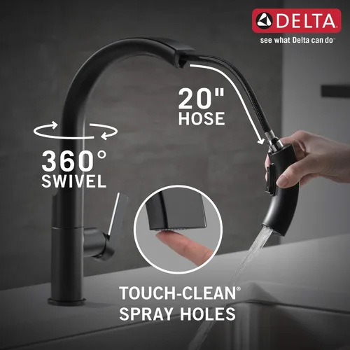 Miniatura 5 de Delta Keele - Grifo de cocina negro mate con rociador extraíble, moderno grifo de fregadero de cocina de un solo agujero, mango único, negro mate