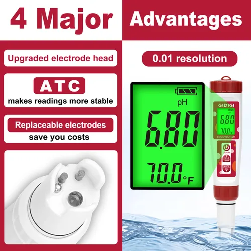 Miniatura 5 de Medidor de pH para agua, 4 en 1 EC PPM Probador de pH de temperatura para hidropónico, probador de agua TDS para agua potable, medidor de pH digital
