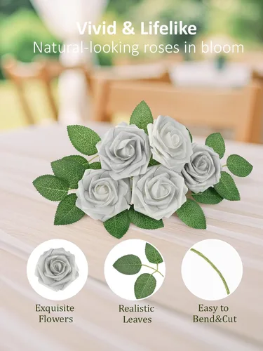 Miniatura 225 de N&T NIETING Flores artificiales, rosas artificiales de color rosa intenso, 50 piezas de flores falsas con tallo para ramos de boda DIY, centros