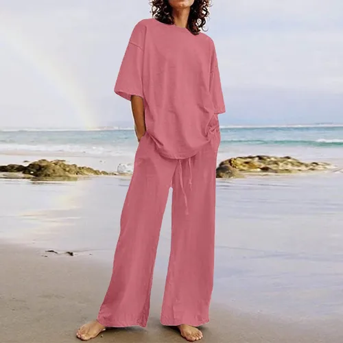 Miniatura 26 de Conjuntos de verano de 2 piezas para mujer, conjuntos elegantes y casuales de color liso, para verano, otoño, cuello redondo, tops y pantalones
