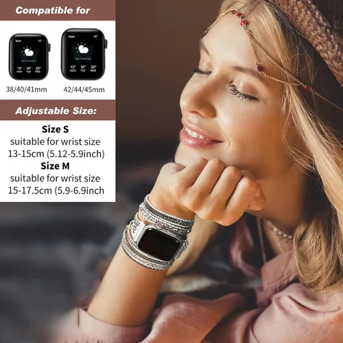 Miniatura 3 de Pulsera bohemia de 5 envolturas compatible con Apple Watch Band con cuentas para mujeres y hombres, 1.496 pulgadas/1.575 pulgadas/1.614 pulgadas