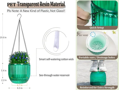 Miniatura 6 de Melphoe 1 paquete de macetas colgantes con riego automático para interiores, 21 cm de macetas colgantes para exteriores, colgador de plantas con 3