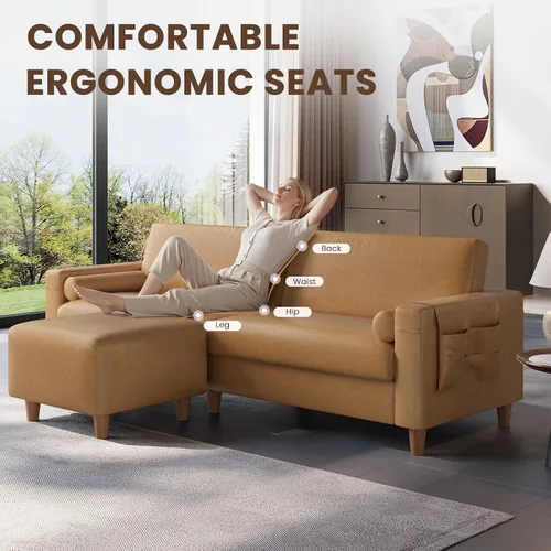 Miniatura 3 de Vesgantti Sofá de piel sintética de 100 pulgadas con otomana móvil, asiento ancho en forma de L, sofá de piel sintética con bolsillo lateral, cómodo