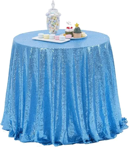 Miniatura 52 de Mantel de lentejuelas color azul bebé de 120 pulgadas redondo con purpurina, secuencia metálica, para fiesta de cumpleaños, baby shower, boda