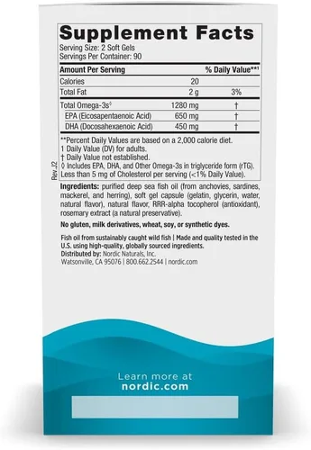 Miniatura 2 de Nordic Naturals Ultimate Omega, sabor a limón, 180 geles suaves, 1280 mg de Omega-3, aceite de pescado Omega-3 de alta potencia con EPA y DHA