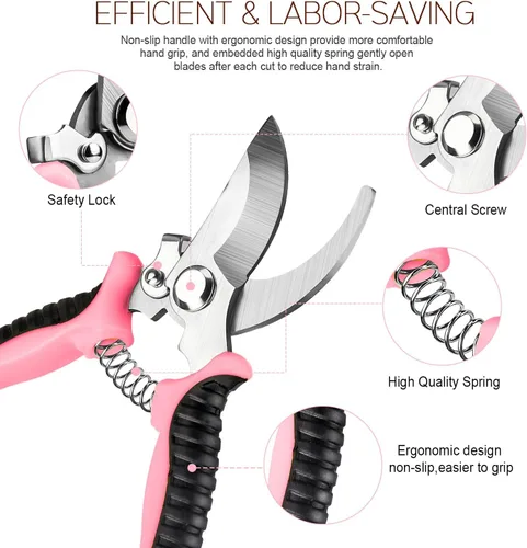 Miniatura 7 de 4 paquetes de tijeras de podar para jardín, con cuchillas de acero inoxidable, tijeras manuales de podar con guantes de jardinería (Rosa)