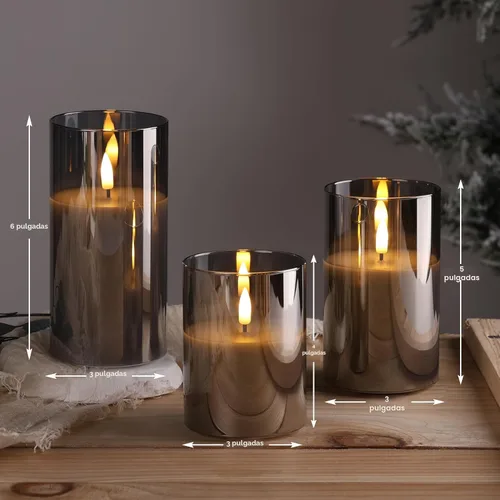 Miniatura 2 de Eywamage Juego de 3 velas LED sin llama de cristal gris ahumado con control remoto, parpadeantes que funcionan