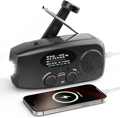 Radio de emergencia meteorológica, radio de manivela solar portátil AM/FM/NOAA, cargador de teléfono celular con SOS, linterna LED de 1 W, conector