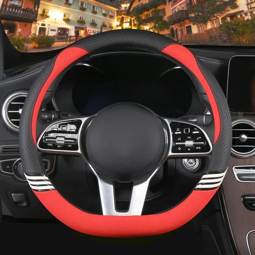 Miniatura 17 de Funda para volante de 14 pulgadas, linda, en forma de D, para mujeres y hombres, de cuero sintético y fibra de carbono, negra