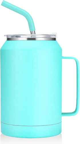 Miniatura 14 de zenbo - Vaso de acero inoxidable aislado al vacío con asa, tapa y popote, mantiene las bebidas frías hasta 36 horas, cuerpo a prueba de sudor, apto