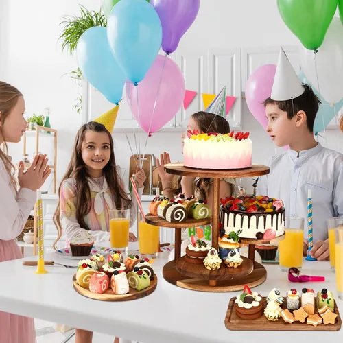 Miniatura 6 de Hushee Juego de 4 soportes redondos de madera para cupcakes con bandejas para servir, bandeja de madera de 4 niveles para pasteles con 1 plato