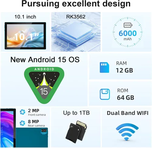 Miniatura 6 de Tableta Android 15 de 10 pulgadas con teclado 64 GB ROM+12 GB RAM (expansión 4+8) Soporta expansión de 1 TB 2MP+8MP cámara dual 6000mAh 5G WiFi-6