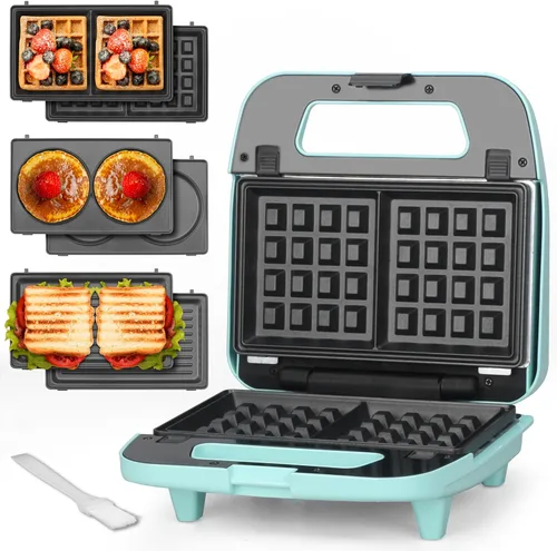 Baker's Friend Mini Waflera 3 en 1 con Placas Extraíbles, Mini Máquina para Hacer Panqueques, Máquina para Hacer Queso a la Parrilla, Prensa para