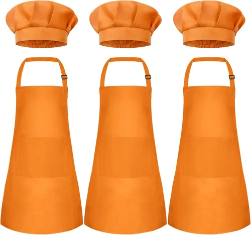 Miniatura 15 de Conjunto de Delantal y Gorro de Chef para Niños, Delantal Infantil Ajustable con 2 Bolsillos, para Niños Chef y Pintura, Cocinar, Hornear