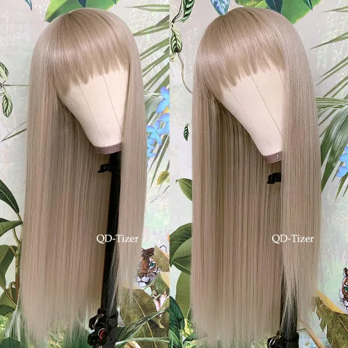 Miniatura 3 de QD-Tizer Pelucas sintéticas de color rubio ceniza con flequillo, pelucas de cabello largo y lacio, sin pegamento, pelucas sintéticas sin encaje