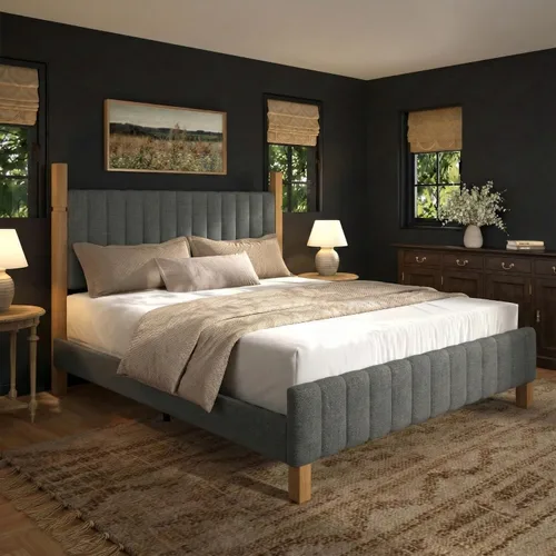 Miniatura 12 de Yechen Base de cama Queen con cabecero, marco de cama de madera con postes de madera maciza, no necesita somier, lino beige Sábanas beige