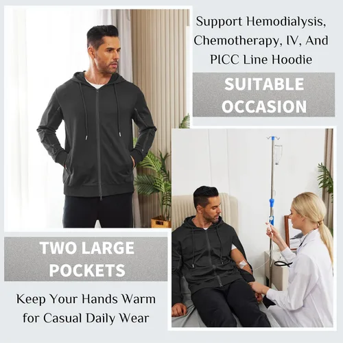 Miniatura 3 de Deyeek Sudaderas de diálisis con cremallera en el brazo, sudaderas con capucha y cremallera completa, chaqueta ligera de algodón de hemodiálisis