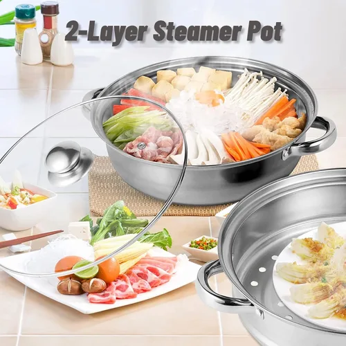 Miniatura 3 de Olla de vapor de 2 capas, olla doble caldera, olla de cocina de acero inoxidable con tapa de vidrio templado y asas dobles, funciona con horno