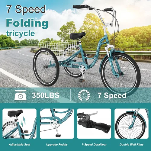 Miniatura 2 de MOPHOTO Triciclo plegable para adultos, 7 velocidades, 20/24/26 pulgadas, bicicleta de 3 ruedas para personas mayores, mujeres y hombres, bicicleta
