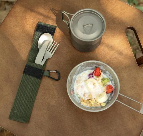Miniatura 3 de SANTTA Utensilios de campamento de titanio, juego de 3 piezas, cuchara y tenedor, juego de cubiertos con bolsa y mosquetón para acampar al aire