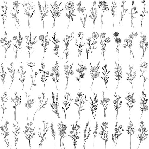 FANRUI - 15 hojas de tatuajes temporales de ramas pequeñas y sexys de flores negras para mujeres y niñas, ramo floral realista, tatuaje pequeño,