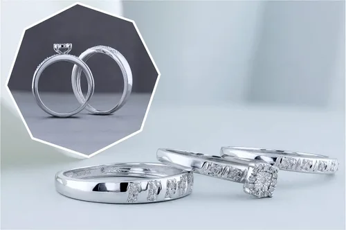 Miniatura 3 de Dazzlingrock Collection Round White Diamond Halo Illusion Wedding Trio Ring Set For Men Women 010 ctw Color I-J Clarity I2-I3 in 925 Sterling Silver