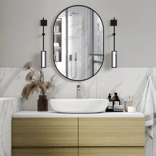 Miniatura 8 de Espejo ovalado de baño, espejo de tocador de pared con cápsula, espejo de píldora de 24 x 36 pulgadas, espejo grande y moderno con marco de metal
