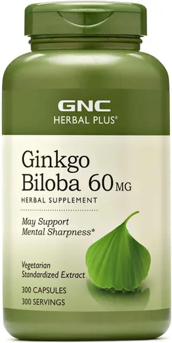 GNC Herbal Plus Ginkgo Biloba 60mg Suplemento, Vegetariano, Apoya la agudeza mental, 300 porciones