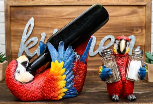 Miniatura 2 de Ebros Gift Paquete de 2 saleros y pimenteros con diseño de selva tropical de río rojo escarlata, guacamayo, pájaro, salero y pimentero y botellero