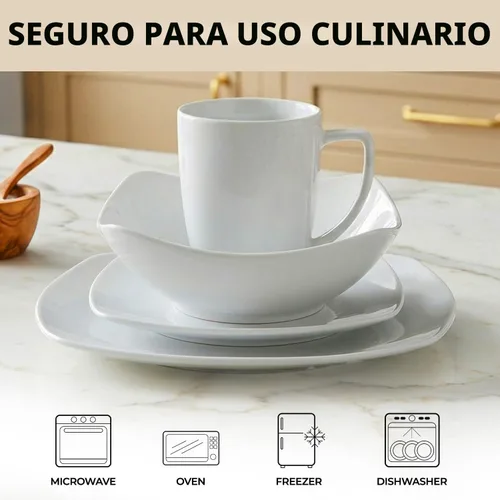 Miniatura 4 de Zulay Kitchen Luna - Juego de platos y cuencos, juego de vajilla de porcelana moderno de 16 piezas para 4, resistente a las astillas y a los Blanco