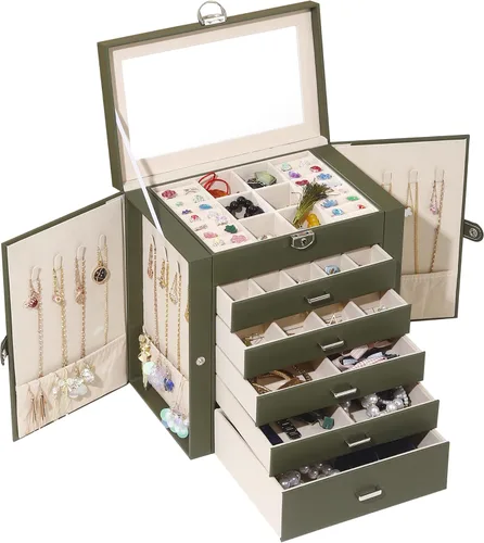 BOOVO Joyero para mujer, organizador de joyas grande de 6 capas con espejo, caja de almacenamiento multifunción con cerradura, soporte de accesorios
