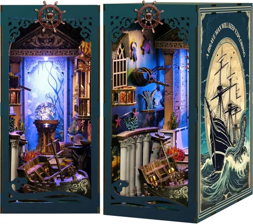Miniatura 8 de Kit de rincón de libros de bricolaje: estante de rompecabezas de madera 3D con luz LED, decoración de sujetalibros en miniatura para adultos