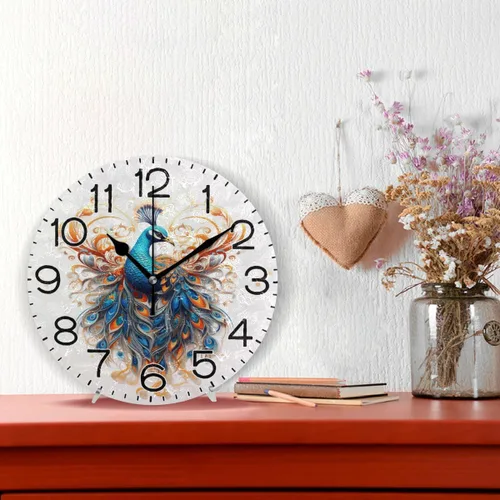 Miniatura 2 de Reloj de pared de pavo real con hermosas plumas, funciona con pilas, silencioso, de cuarzo, analógico, rústico, rústico, reloj redondo, decoración