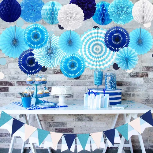 Miniatura 7 de 23 piezas de decoraciones de fiesta de cumpleaños azules para niños y hombres, bola de panal azul marino real azul claro, abanicos de papel
