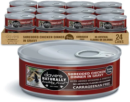 Dave's Pet Food Alimento húmedo sin granos para gatos (pollo desmenuzado en salsa), fabricado en Canadá naturalmente saludable, conservado