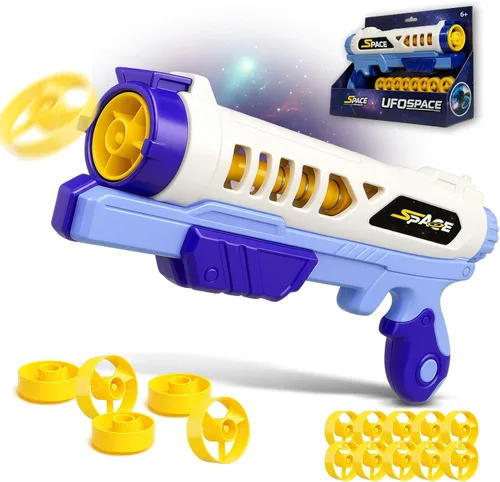 Pistola de juguete para niños UFO Space Disc Launcher - Tirador de anillo de espuma alimentado por resorte, rango de 30 pies para jugar al aire libre